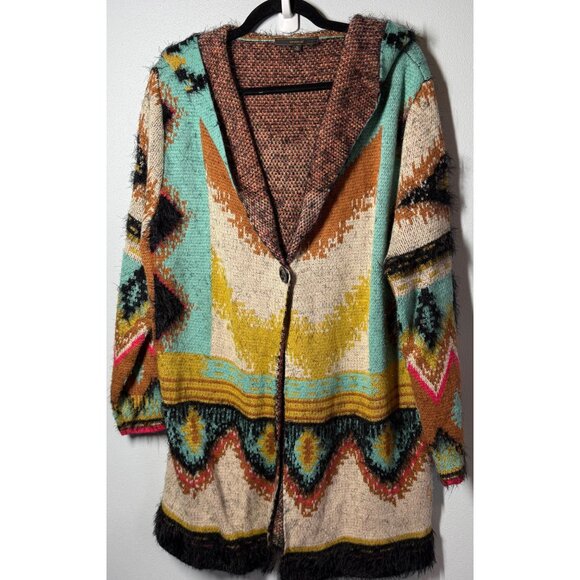 MaxSport Open 1 Button Hoodie Cardigan Eyelash Sweater XL Aztec Tribal Western - Picture 1 of 15